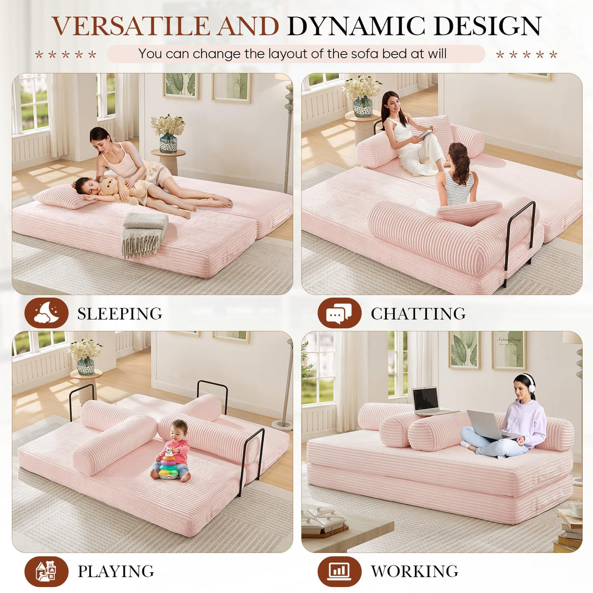 Pink Corduroy Convertible Sleeper Sofa Bed Y32954