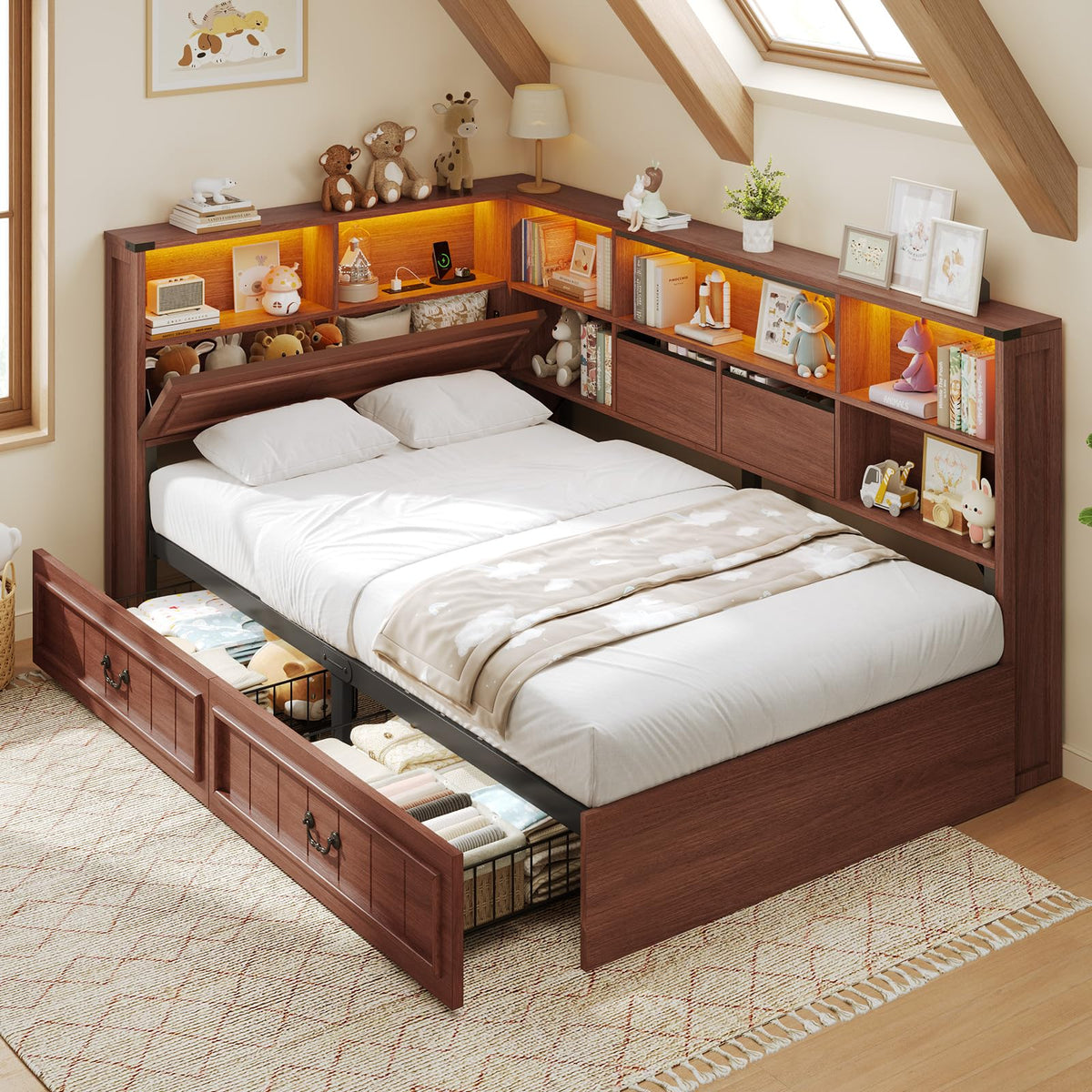 Twin Corner Bed Frame with Storage Drawers and Bookcase H122620