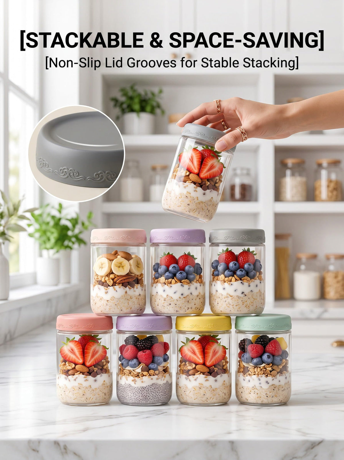16oz 12-Pack Glass Overnight Oats Jars with Airtight Lids G94949