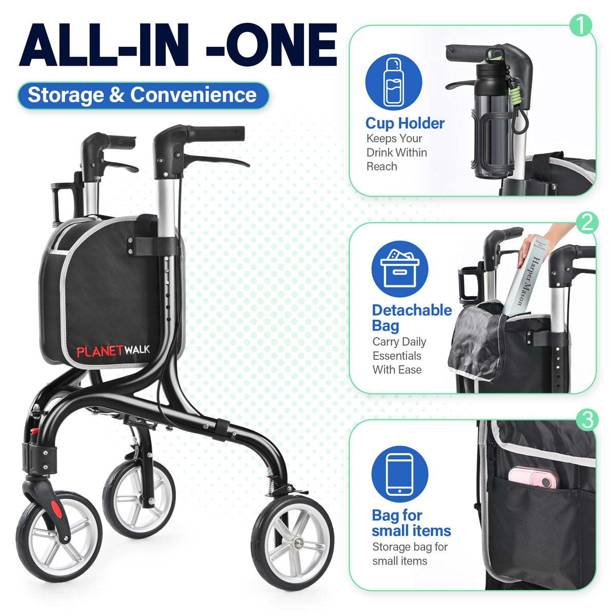 Super Lightweight 3 Wheel Foldable Aluminum Walker with Cup Holder, Black U250257