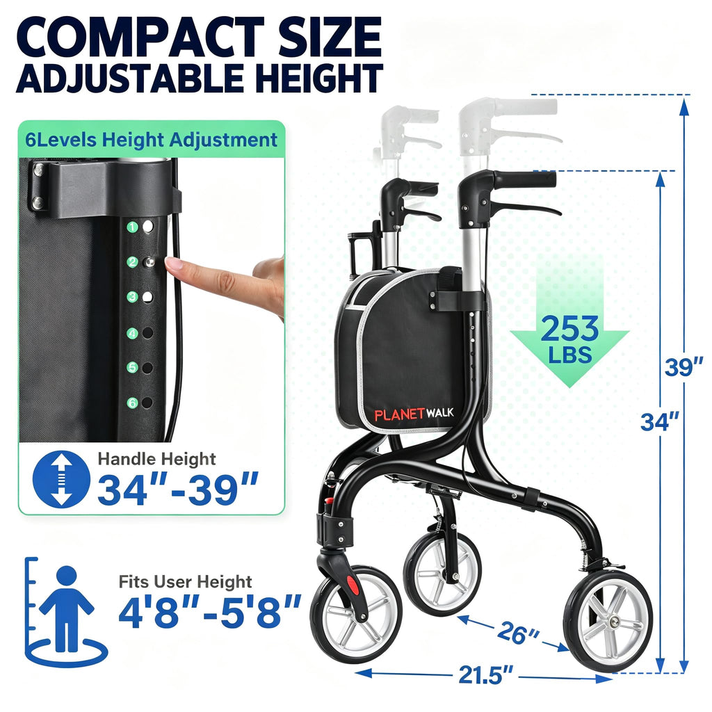Super Lightweight 3 Wheel Foldable Aluminum Walker with Cup Holder, Black U250257