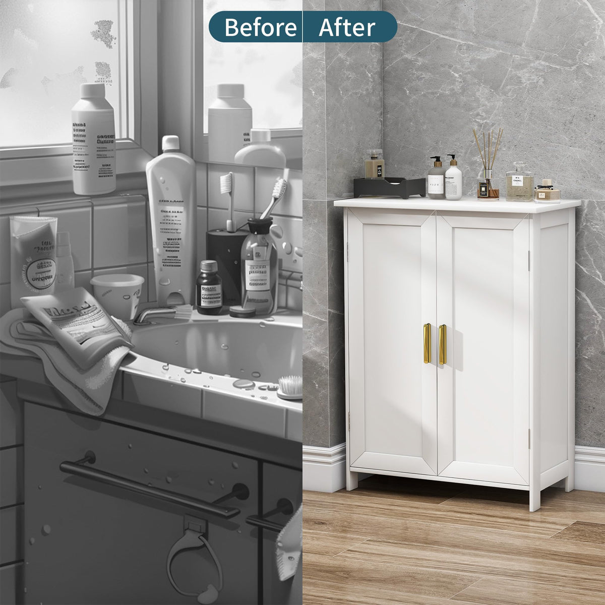 White 2 Door Bathroom Floor Storage Cabinet S1781