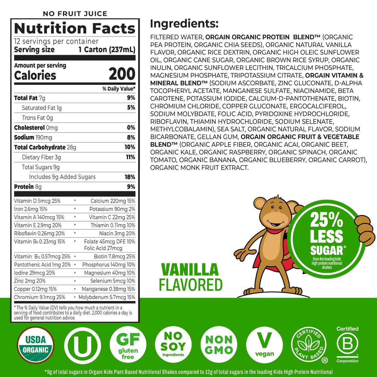 Organic Kids Vegan Protein Shakes Vanilla 8g Plant Protein 8 Fl Oz 12 Pack S265
