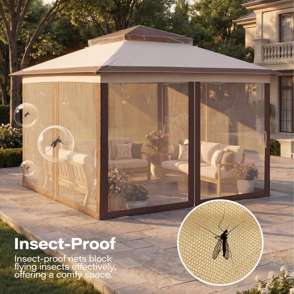 12x12 Pop Up Gazebo Canopy Tent with Mosquito Netting, Khaki G87825