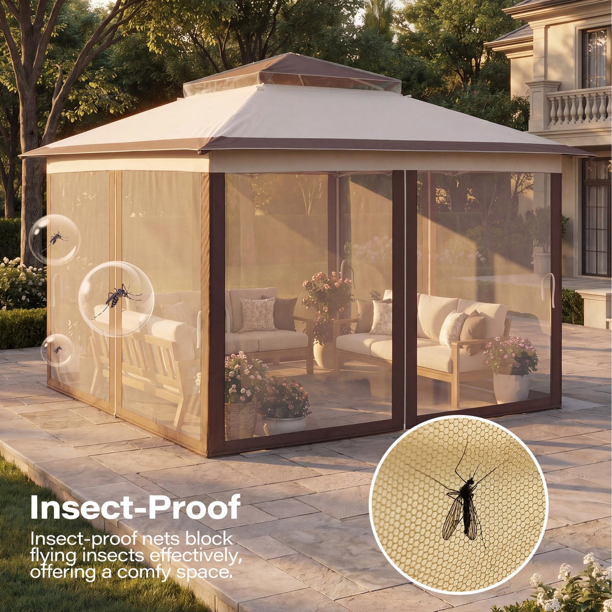 12x12 Pop Up Gazebo Canopy Tent with Mosquito Netting, Khaki G87825