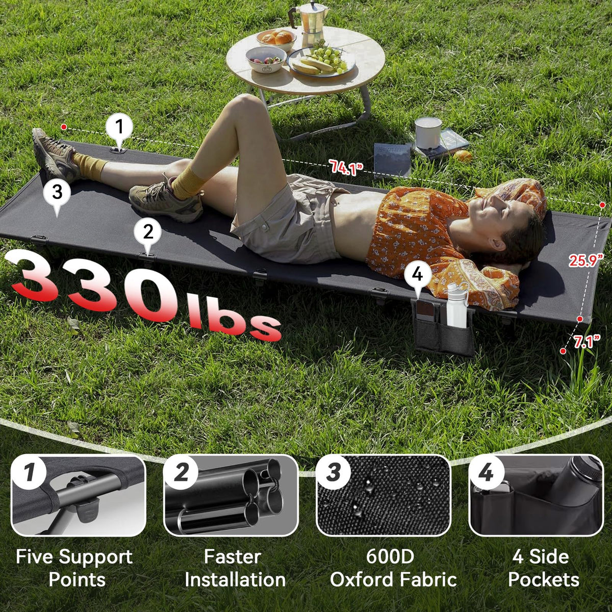 Ultralight Portable Folding Camping Cot with 2 Side Pocket R699